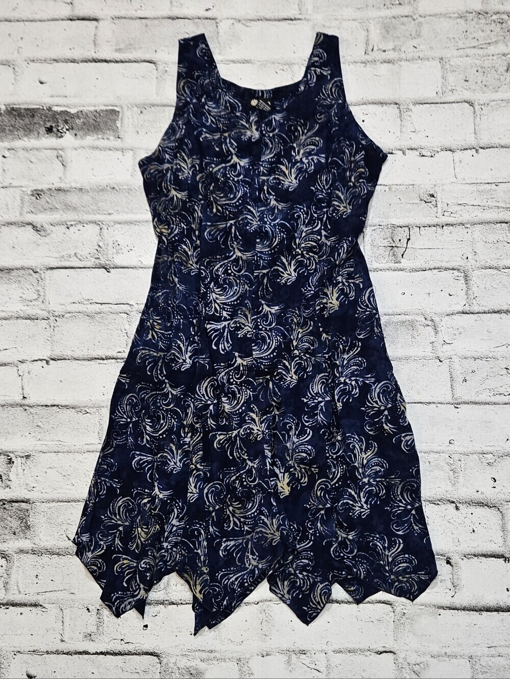 Papa Sleeveless Handkerchief Hem Midi Dress Blue Print Womens Medium